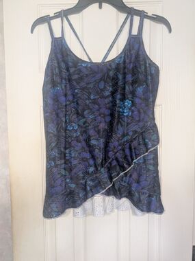 Women’s Blue Floral Sleeveless Ruffle Tank Top